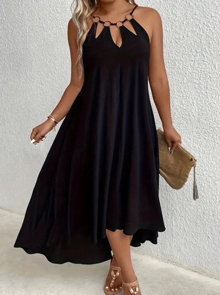 Women's Asymmetrical Viscose Dress with Ring Detail and Teardrop Cutout Neckline