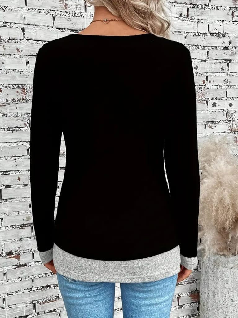 Women's Long Sleeve Crew Neck Color Block Side Button Viscose Blouse