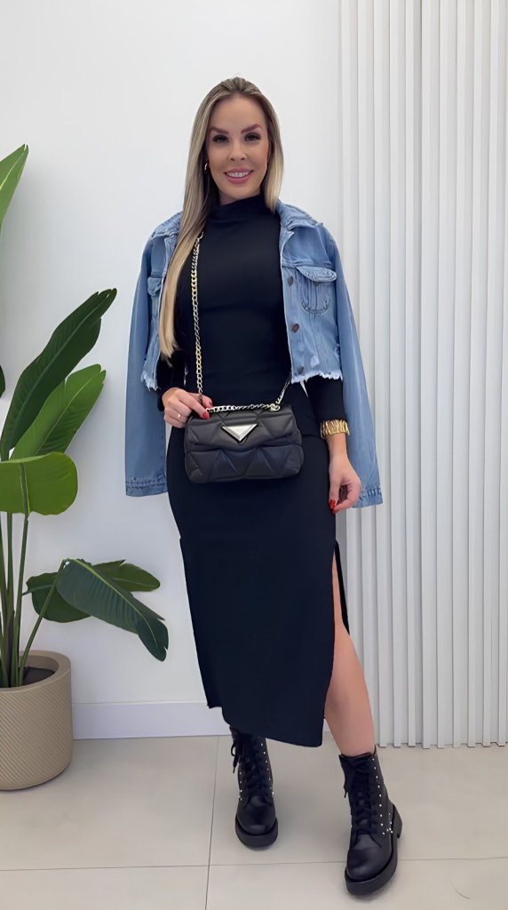 Women's Long Sleeve Turtleneck Ribbed Knit Side Slit Maxi Dress