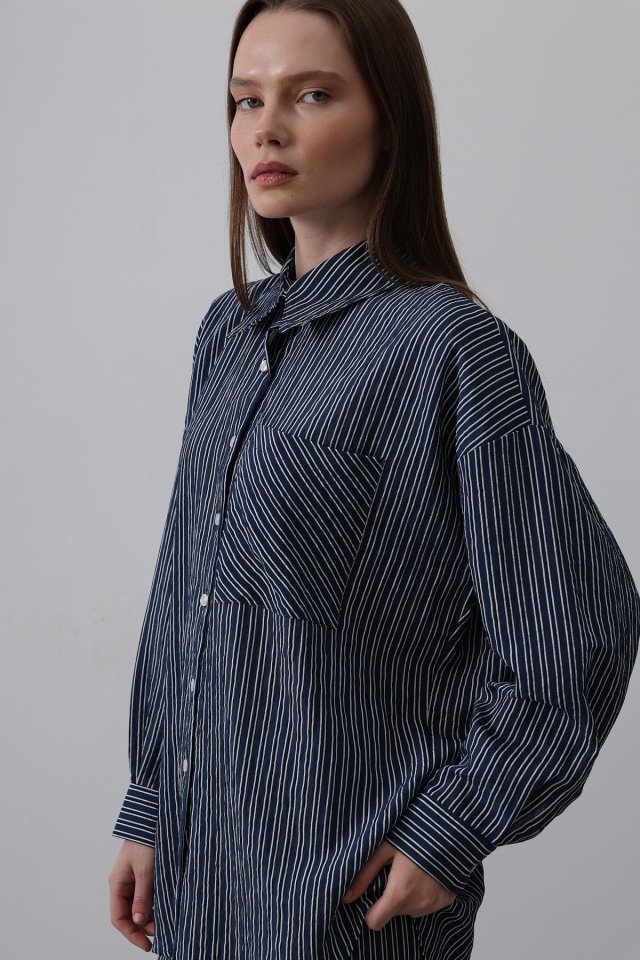 Çizgili Cep Detaylı Oversize Takım - Lacivert