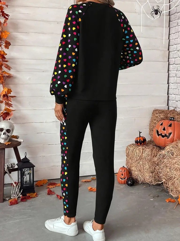 Women's Long-Sleeved Crew Neck Patterned Viscose Two-Thread Blouse and Trousers Two-Piece Set