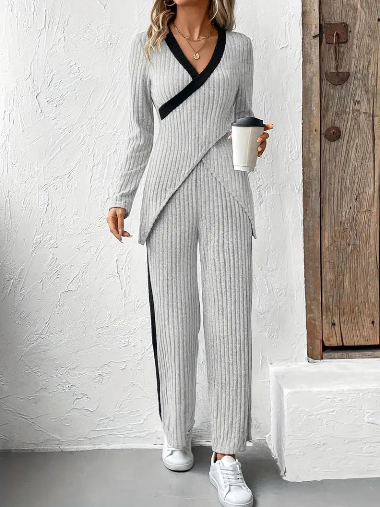 Women's Long-Sleeved V-Neck Crisscross Detail Brushed Ribbed Bralette Blouse and Pants Two-Piece Set
