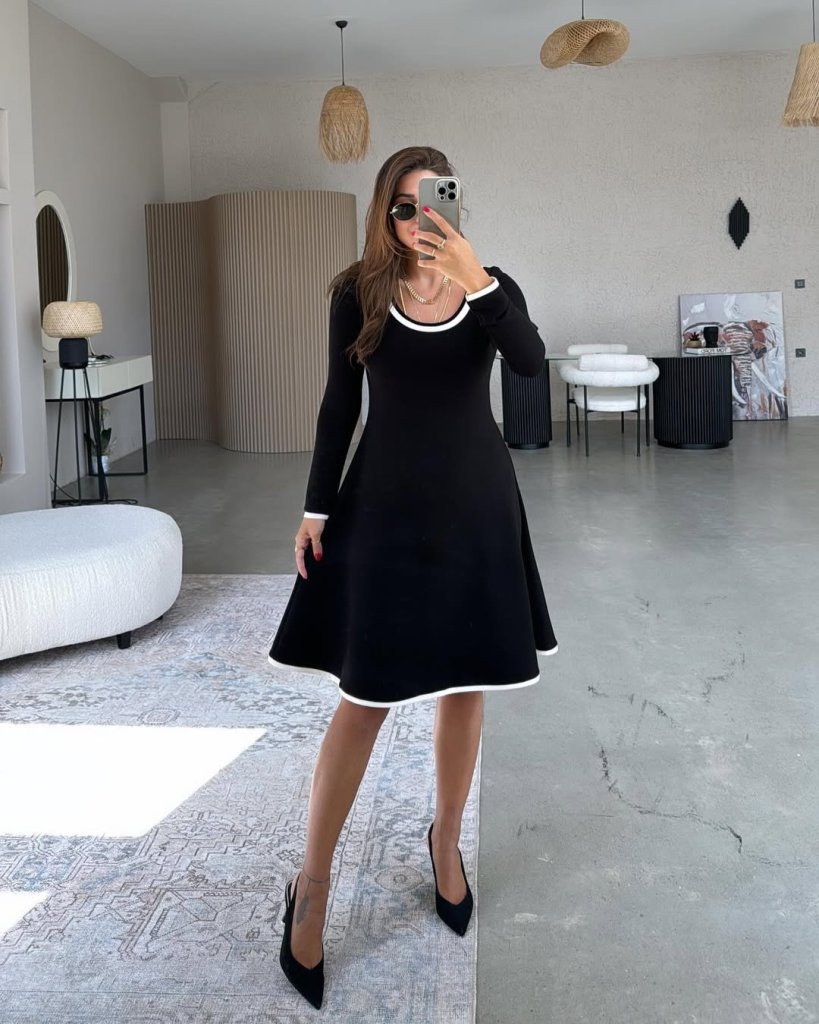 Women's Long Sleeve Crew Neck Midi Viscose Two-Thread Dress