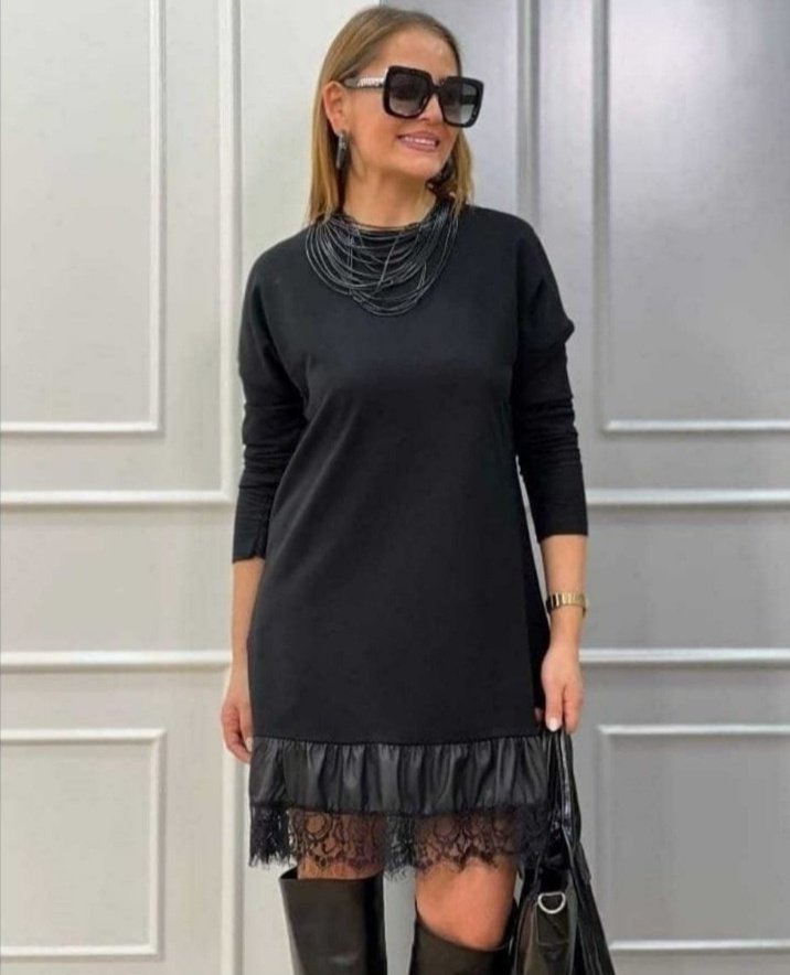 Women's Long Sleeve Crew Neck Viscose Two-Ply Midi Dress with Faux Leather Lace Hem