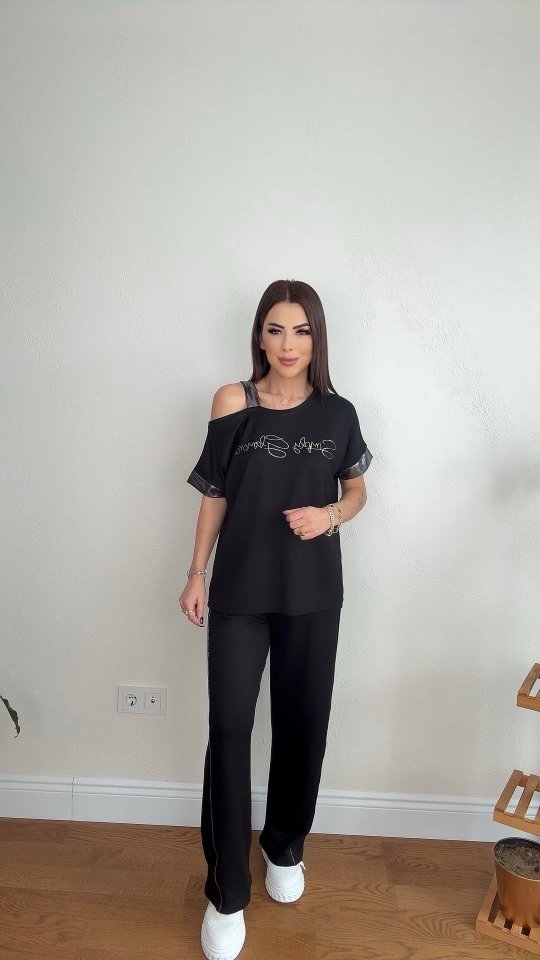 Kadın Kumaş Omuz Dekolteli Siyah Takım