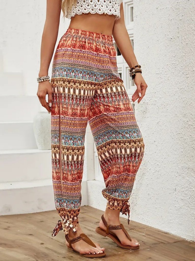 Women's High-Waist Patterned Shirred Trousers with Side Slits