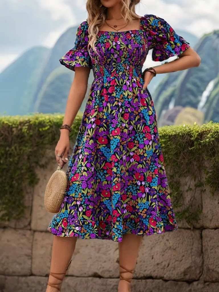 Women's Short Sleeve Square Neck Elastic Waist Floral Print Mini Supima Dress