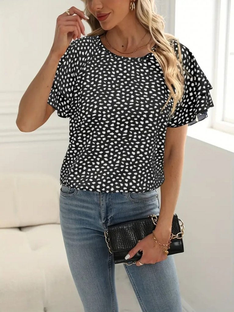 Women's Short Sleeve Flounced Printed Supreme Blouse