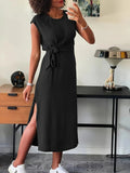 Women's Short Sleeve Round Neck Belted Front Slit Aerobin Dress