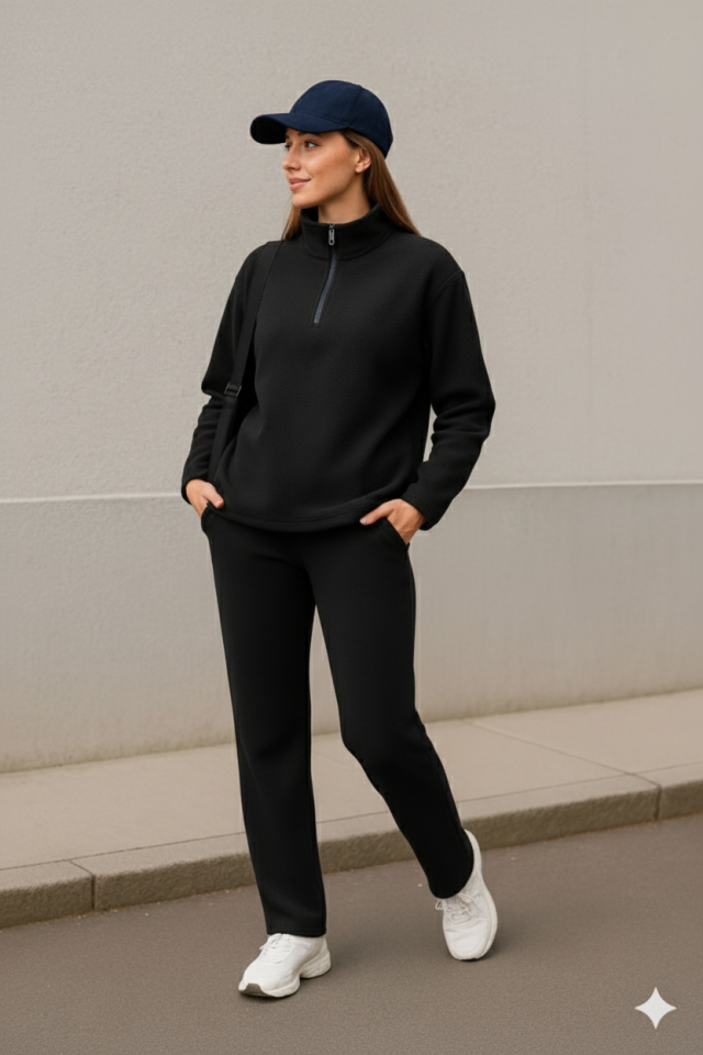 Kadın Balıkçı Yaka Fermuar Detay Polar Sweat Ve Pantolon Ikili Takım