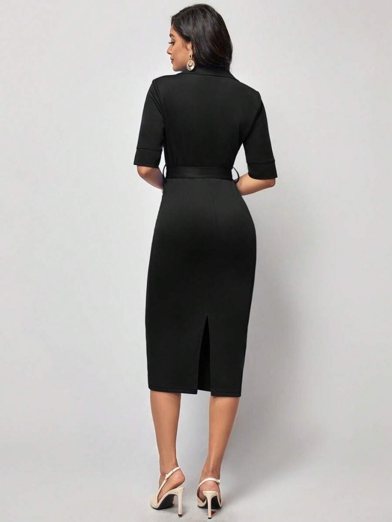 Women's Short-Sleeved Collared Wrap Belted Midi Modal Dress