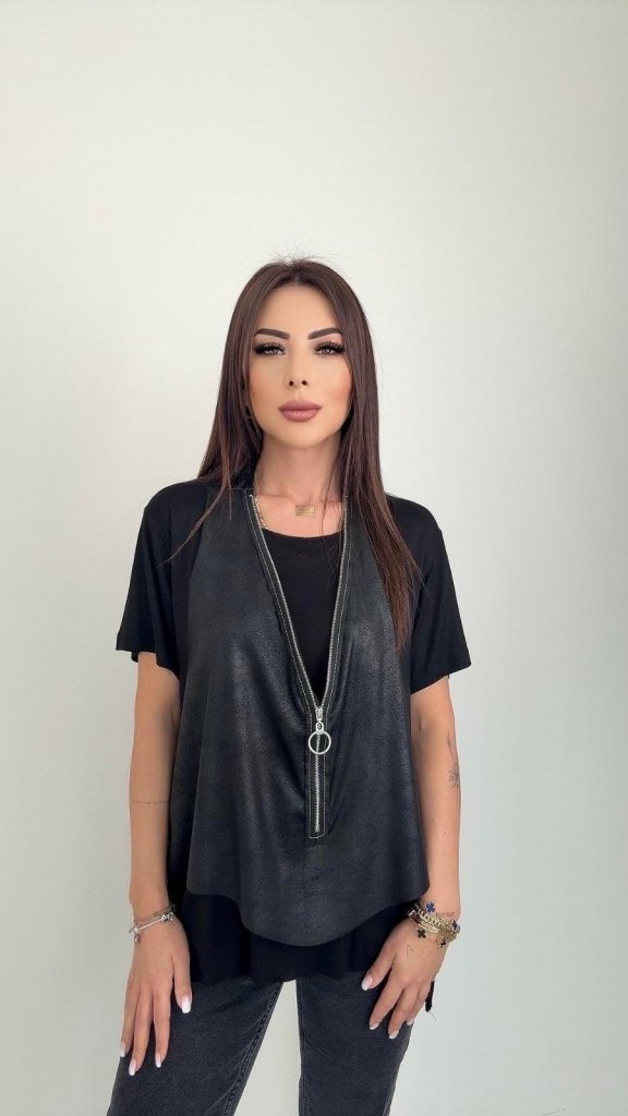 Women's Short-Sleeve Round Neck Viscose Blouse + Sleeveless Zippered Crackled Leather Vest