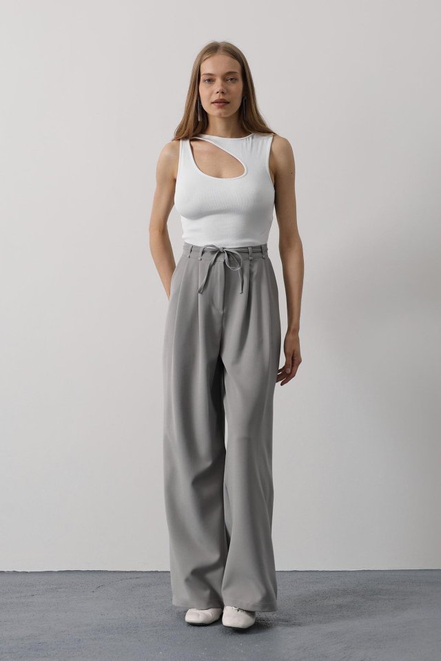 Pileli Bağcıklı Oversize Pantolon - Gri