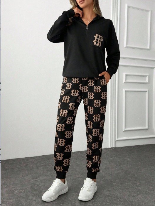 Women's Long Sleeve Two-Thread Fabric Zipper and Pocket Detail Hooded Two-Piece Set