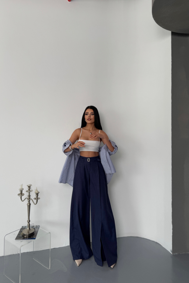 LOOSE-FIT TROUSERS WITH FRONT SLIT DETAIL AND WAIST BELT - Navy Blue