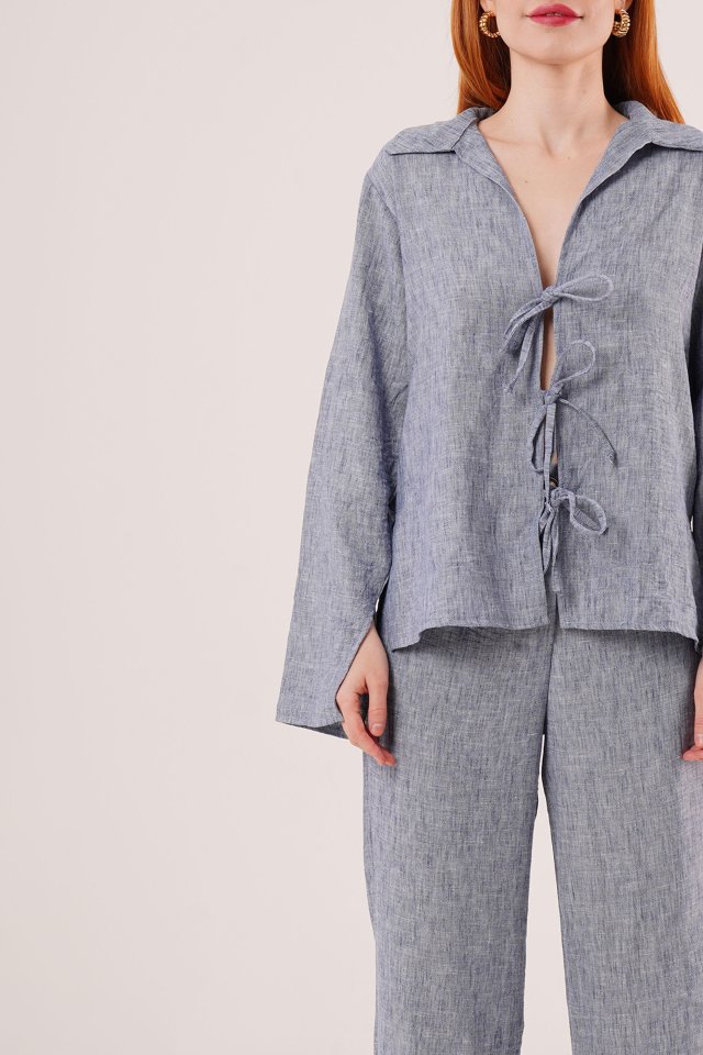 Pre-tied Detailed Trousers and Shirt Indigo Two-Piece Set