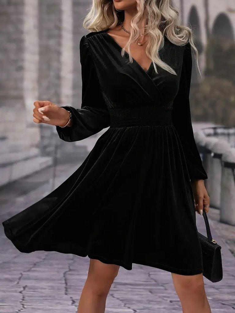 Women's Long Sleeve Wrap Neck Elastic Waist Flared Velvet Dress