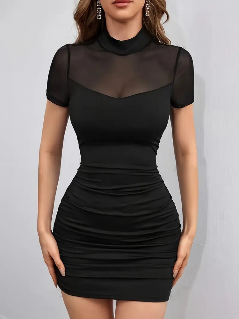 Women's Short Sleeve Semi-Turtle Neck Tulle Detail Short Iridescent Crepe Dress