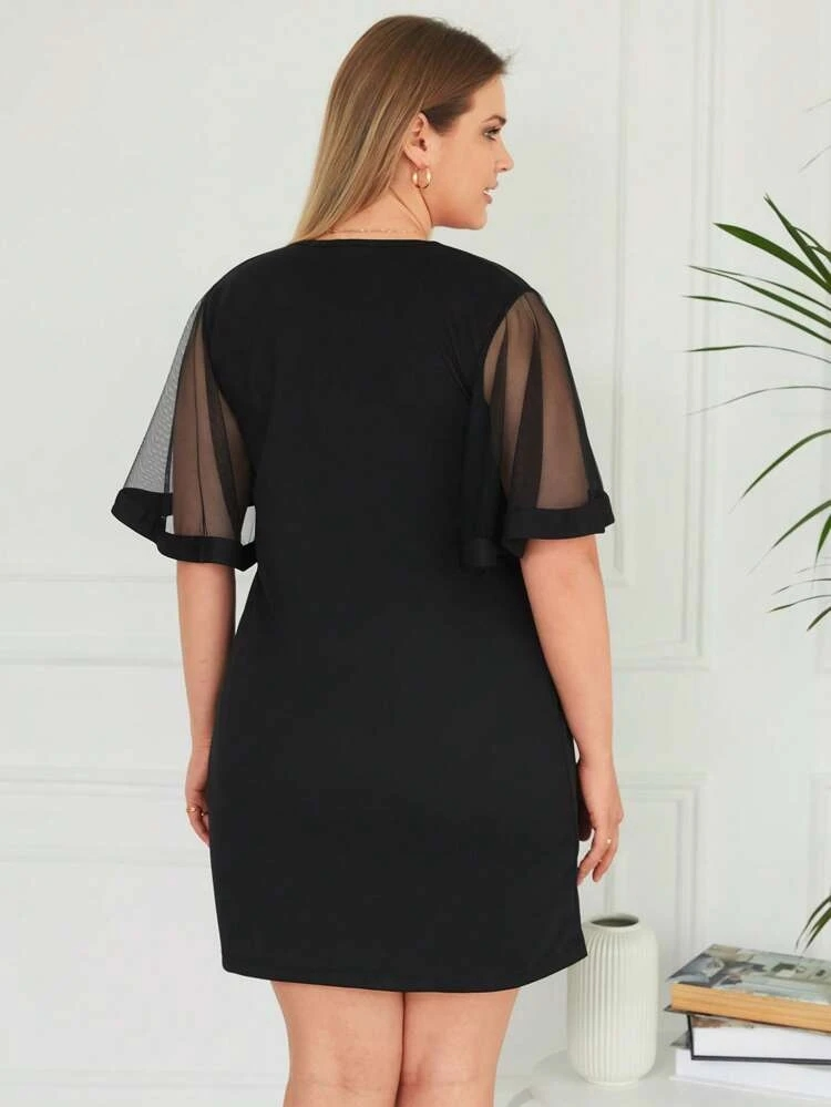 Kadın Tüllü Kısa Kollu V Yaka Krep Elbise