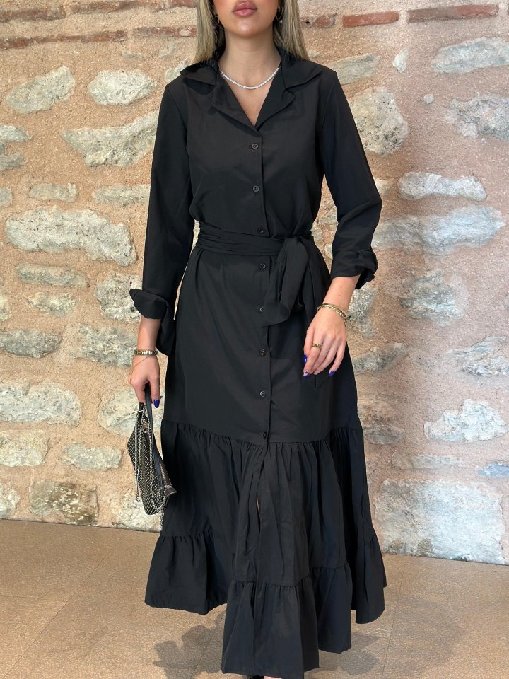 Women's Long Sleeve Ruffle Skirt Belted Tricot Full Length Shirt Dress