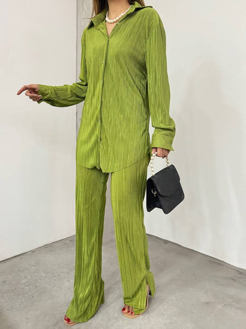Special Eid Women's Off-the-Shoulder Loose Shirt and Slit Detail Flared Trousers