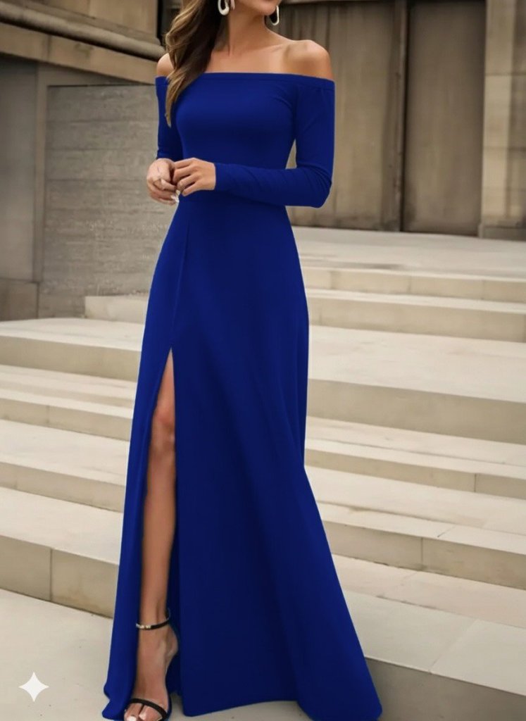 Women's Long-Sleeved Madonna Neck Slit Detail Long Imported Crepe Dress