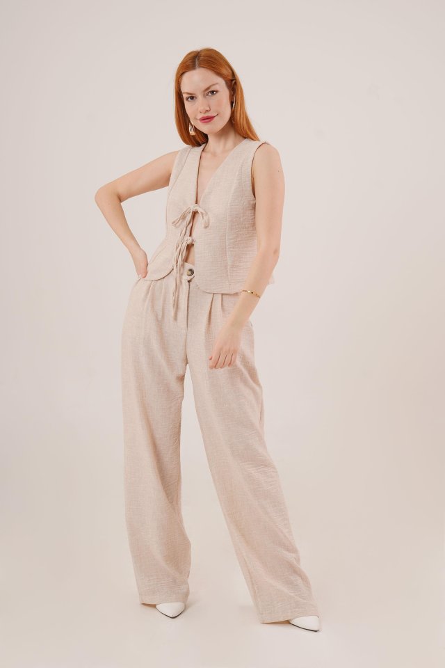 Stone Detailed Vest and Trousers Two-Piece Set with Front Tie