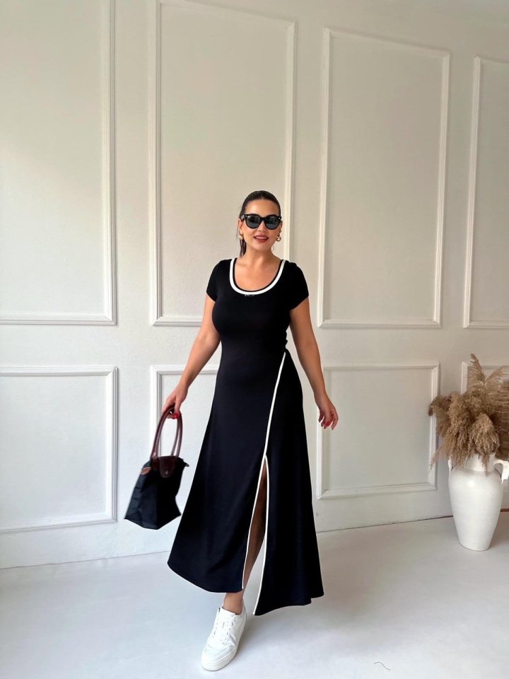 Women's Round Ribbed Neck White Slit Detail Viscose Full Length Dress