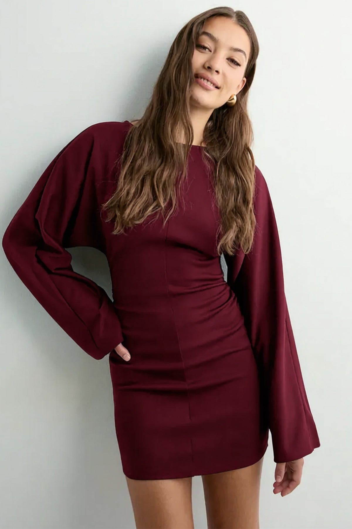 Kadın Geniş Kollu Sırt Detaylı Mini Elbise