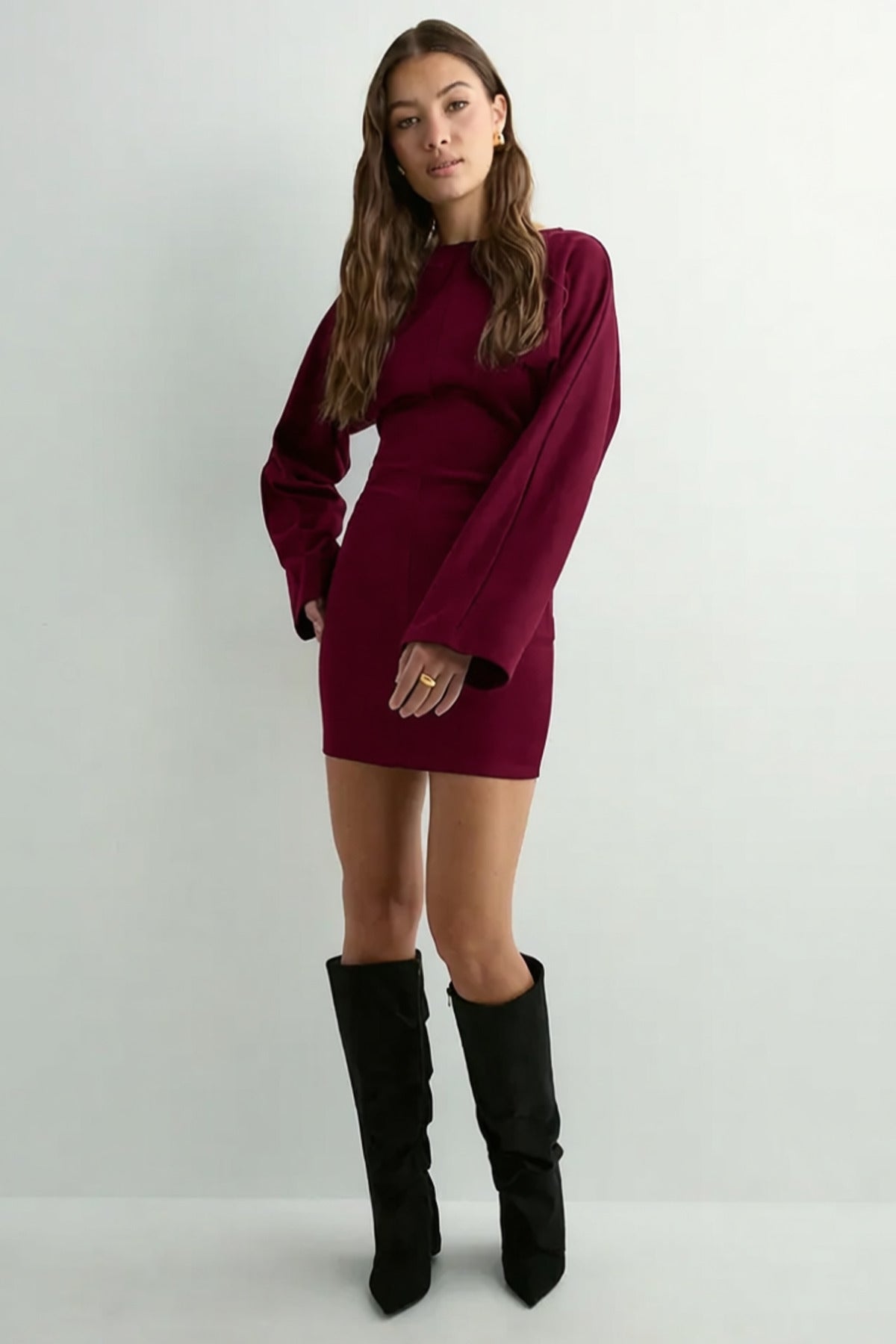 Kadın Geniş Kollu Sırt Detaylı Mini Elbise