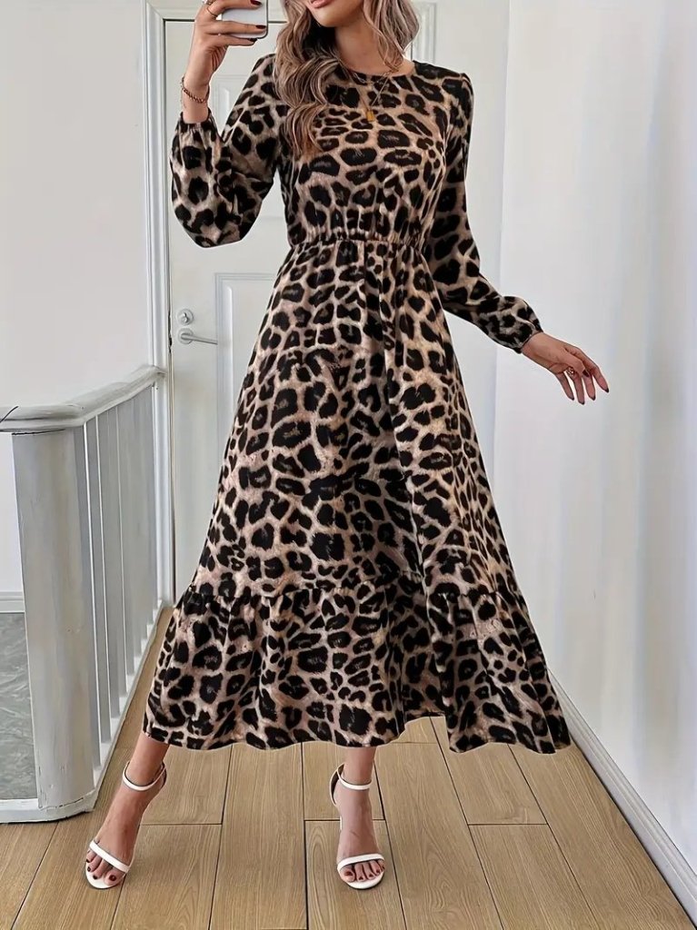 Uzun Kollu Bisiklet Yaka Leopar Desenli Midi Süprem Elbise