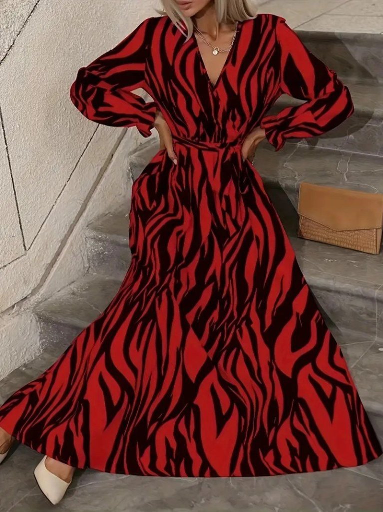 Women's Long-Sleeve Wrap Collar Belted Zebra Print Supremax Maxi Dress