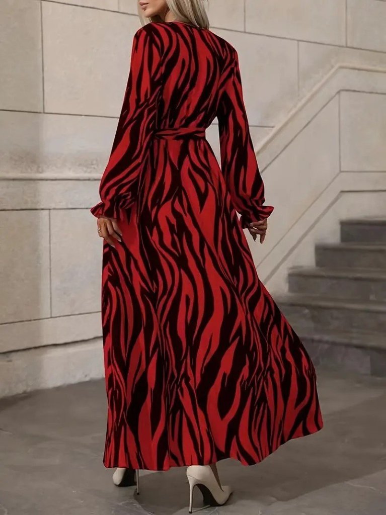Women's Long-Sleeve Wrap Collar Belted Zebra Print Supremax Maxi Dress