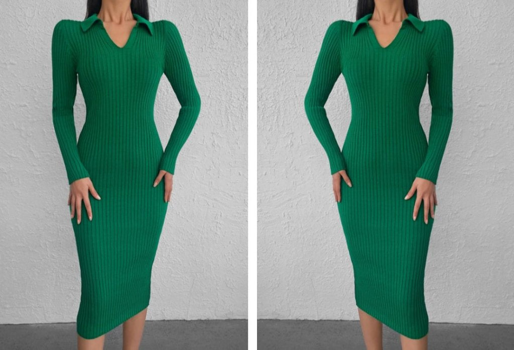 Women's Long-Sleeved Collared Knit Dress