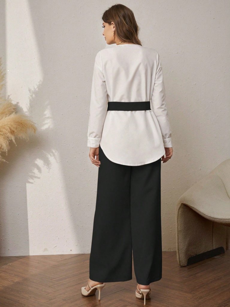 Women's Long Sleeve Open Collar Two-Tone Belted Imported Crepe Two-Piece Set