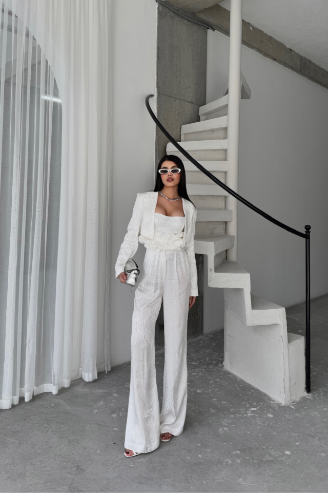 JACQUARD BLOUSE DESIGN DETAILED JACKET-PANTS-BLOUSE 3-PIECE SET - White