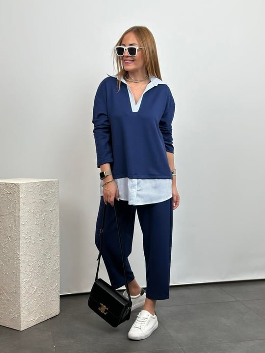Polo Collar Shirt Detailed Loose Balloon Trousers Two-Piece Set
