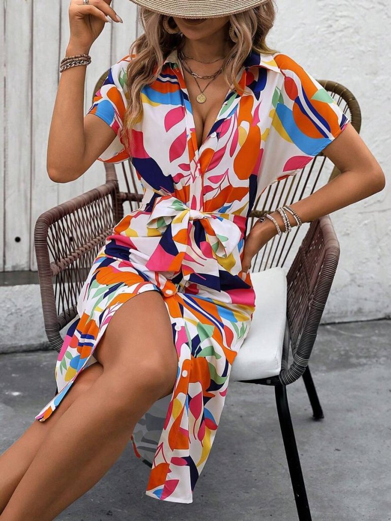 Women's Short-Sleeve Collared Button-Front Draped Patterned Interlock Dress