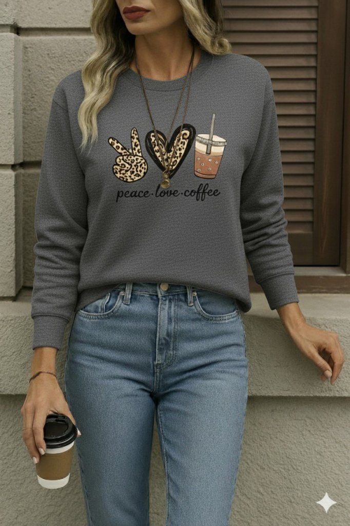 Women's Long-Sleeved Crew Neck Heart Pattern Viscose Two-Yarn Blouse