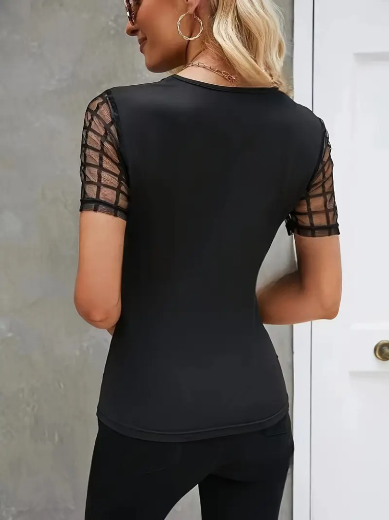 Women's Short Sleeve Open Neck Teardrop Mesh Tulle Detail Viscose Blouse