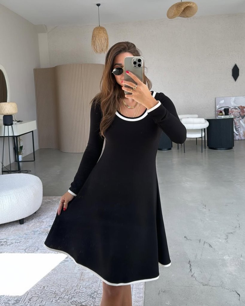 Women's Long Sleeve Crew Neck Midi Viscose Two-Thread Dress