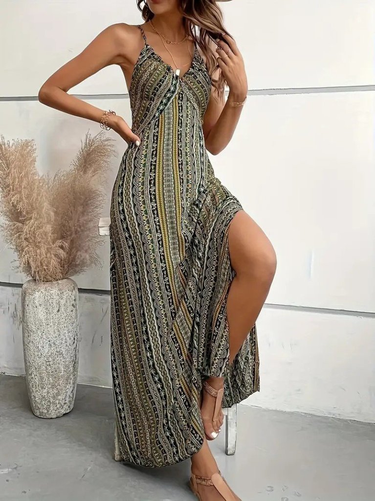 Women's Strappy Cross-back Slit Patterned Supra Dress