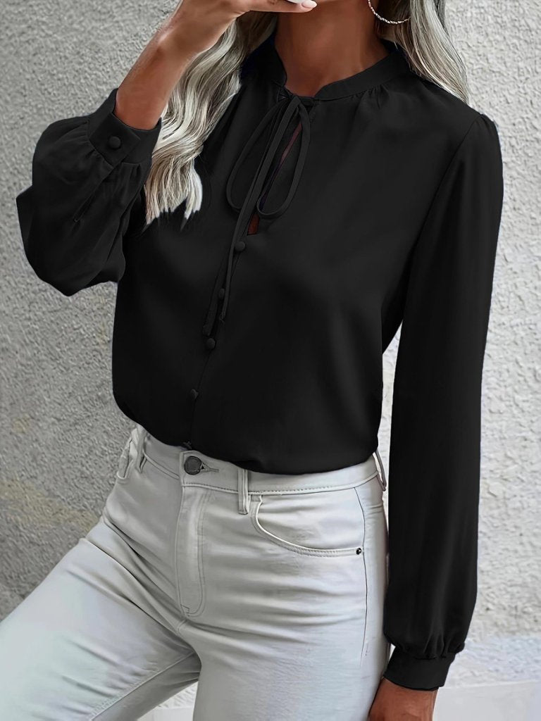 Women's Long Sleeve Collared Neck Tie Button-Up Sandy Blouse