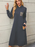 Women's Long Sleeve Hooded Pocket Detailed Viscose Double Yarn Maxi Dress