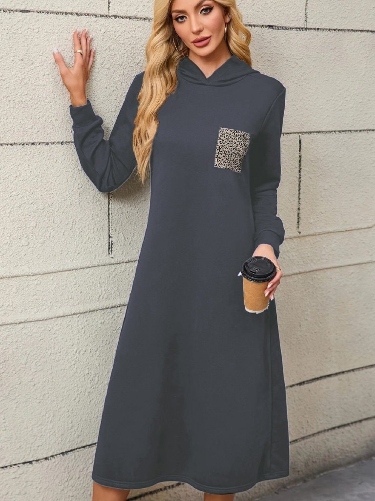 Women's Long Sleeve Hooded Pocket Detailed Viscose Double Yarn Maxi Dress
