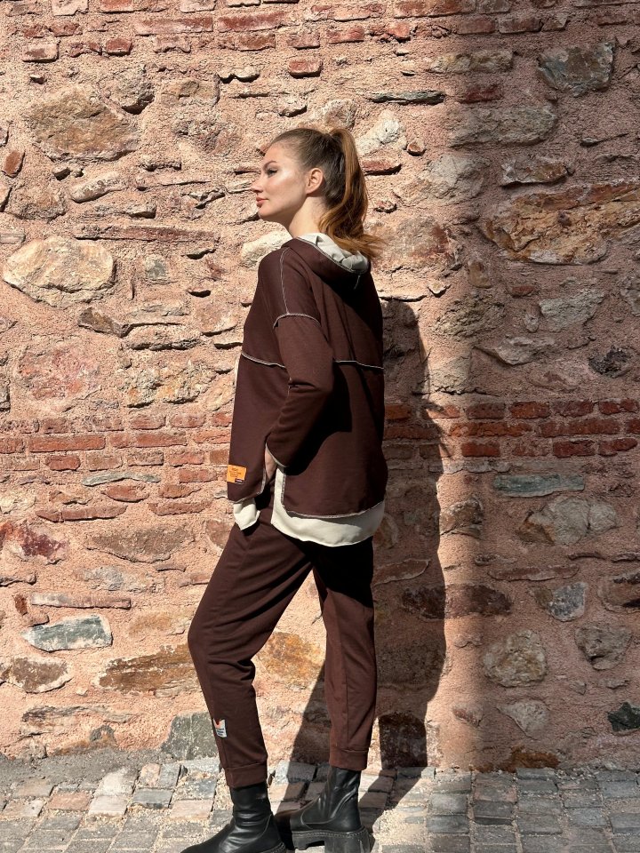 Women's Coffee Hoodie Hem Detail Badge Reverse Stitch Look Two-Piece Set