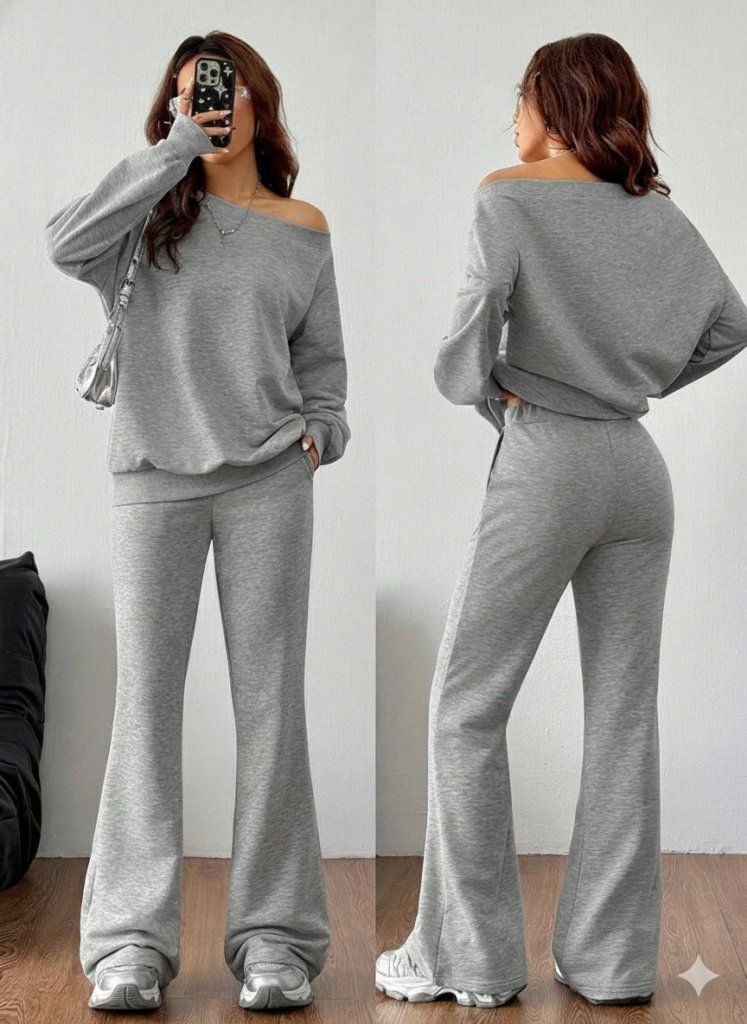 Women's Long Sleeve One Shoulder Cut-Out Two-Yarn Blouse and Pants Two Piece Set