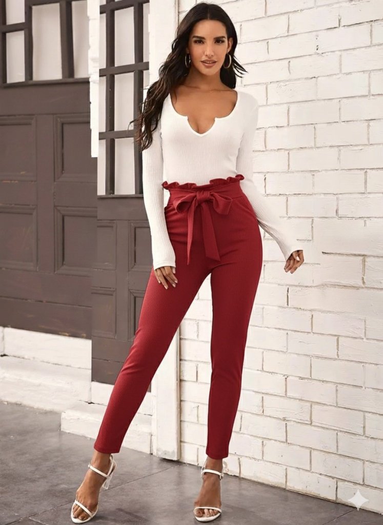 Women's High Waist Ruffled Waist Tie-Front Imported Crepe Trousers