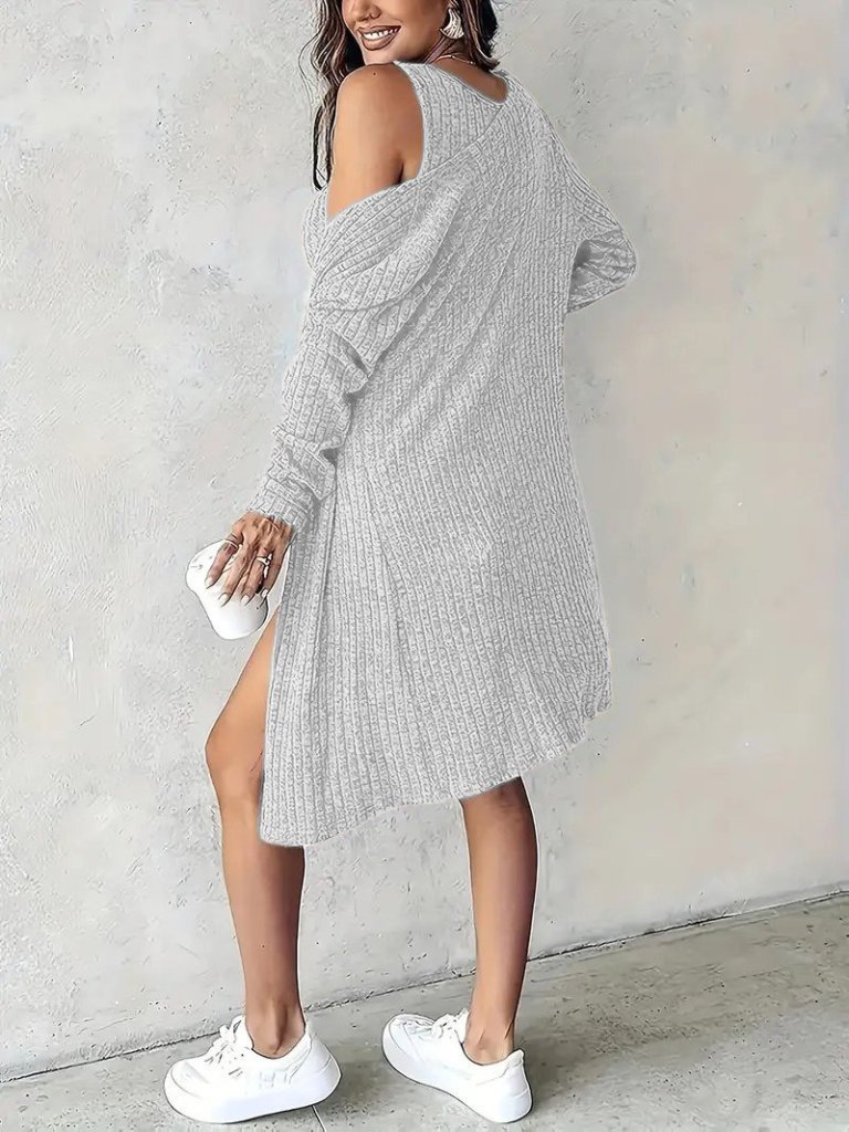 Women's Strappy Round Neck Button-Front Fleece-Lined Ribbed Mini Dress and Short Jacket