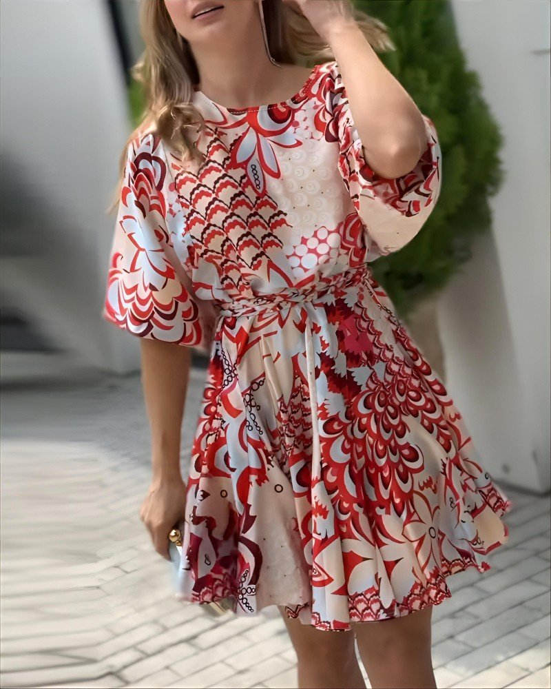 Women's Short Puff Sleeve Round Neck Pleated Patterned Mini Dress